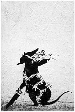 Alonline Art-Banksy'den Dolar Gözlü ve Yapbozlu Sıçan / %100 Pamuklu Kanvas Üzerine Basılmış Gümüş Çerçeveli Resim, Köpük