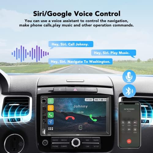 KUMK Çift Din Araba Stereo Ses Kontrolü ile Uyumlu Apple Carplay, 7 İnç HD LCD Dokunmatik Ekran, Bluetooth, Direksiyon, USB