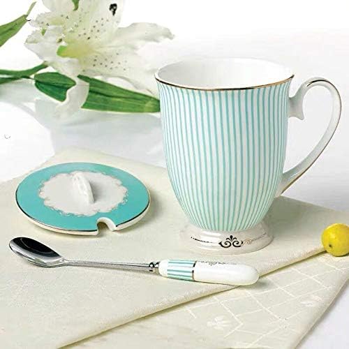 YBK Teknoloji Euro Tarzı Porselen çay bardağı Kahve kapaklı kupa Kahvaltı için Ev Mutfak ((Mavi Şerit Desen) (Mavi))
