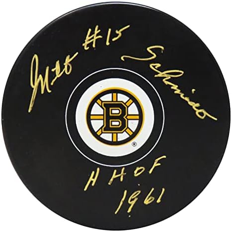 Milt Schmidt, Boston Bruins Logolu Hokey Diskini HHOF 1961 İmzalı NHL Diskleriyle İmzaladı