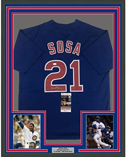Çerçeveli İmzalı / İmzalı Sammy Sosa 33x42 Chicago Mavi Beyzbol Forması JSA COA