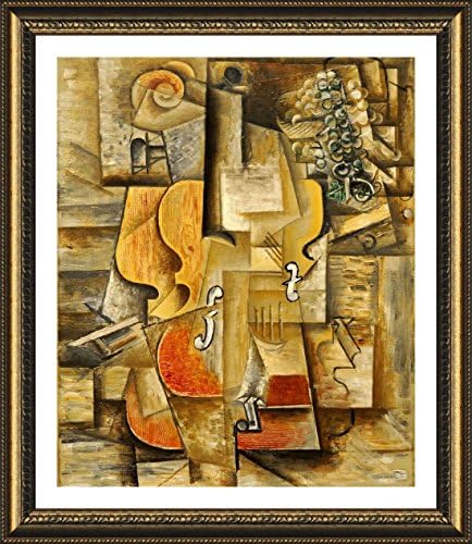 Alonline Art-Pablo Picasso'dan Keman ve Üzüm / Köpük Tahtaya Tutturulmuş %100 Pamuklu Kanvas Üzerine Basılmış Altın Çerçeveli