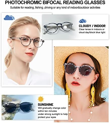 OCCI CHIARI Fotokromik Bifokal okuma gözlüğü Kadınlar için, Yuvarlak Geçiş UV Koruma Güneş Gözlüğü Okuyucular