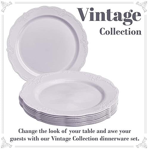 TEK kullanımlık yemek tabakları / Premium Yeniden Kullanılabilir Plastik | Vintage / 10 Adet, Yemek Tabakları, Beyaz