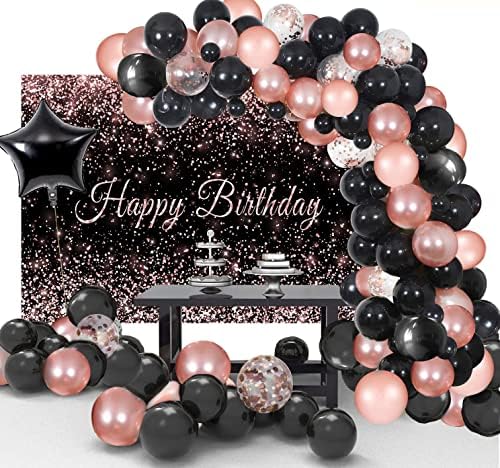 Toylin Gül Altın Siyah Doğum Günü Süslemeleri, 100 adet Siyah Gül Altın Doğum Günü Balonları Fotoğraf Backdrop Afiş Erkek
