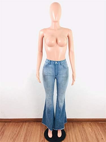 Andongnywell kadın yüksek Bel Çizgili Alevlendi Pantolon Kot Yüksek Belli Ince Denim Flare Çan Alt Pantolon
