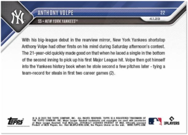 2023 Topps Şimdi Beyzbol 22 Anthony Volpe New York Yankees RC Çaylak 1. Hit Resmi MLB Ticaret Kartı ÇEVRİMİÇİ ÖZEL sınırlı