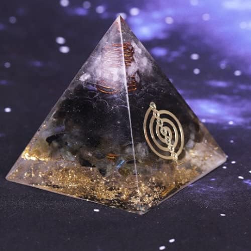 Marka Jewelry ® Labradorit İtici ve Beyaz Kristal Bakır Altın Telli Siyah Orgonit Piramidi Muladhara Çakra Obsidiyen (10cm)