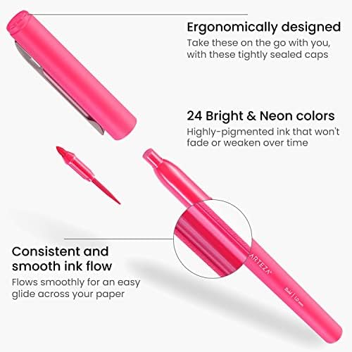 ARTEZA Keçeli kalemler, 24 Set, Parlak ve Neon Renkler, 1.0–1.5 mm Fiber Ucu, Çabuk Kuruyan Su Bazlı Mürekkep, Okul, Ofis