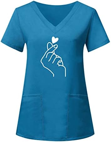 Kadınlar için T Shirt Kısa Kollu V Boyun Bluz Yumuşak Hafif Parmak Aşk Baskı Bluz Casual İş Giysisi Üstleri Cepler ile