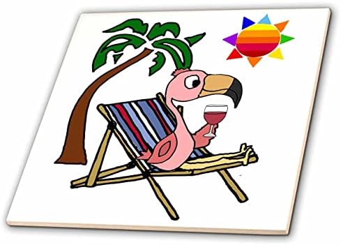 3dRose Komik Pembe Flamingo Plaj Sandalyesi ve Güneş ve Palmiye Ağacında Şarap içmek - Fayans (ct_356385_1)