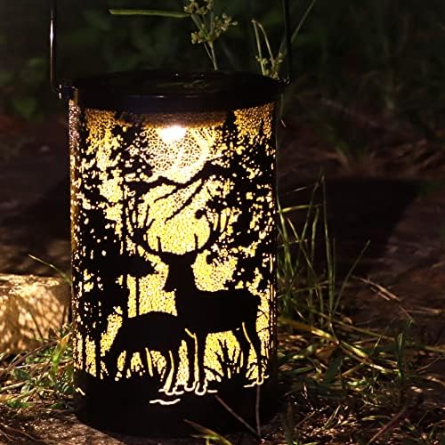Metalden Yapılmış, Ormanların ve Geyiklerin Görünümünü Oyan Güneş Enerjili Dış Mekan Feneri. Veranda için Açık Dekoratif