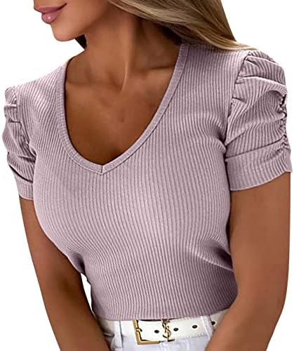 Xıaojmake V Boyun Üstleri Kadınlar için Yaz Şık Rahat Kısa Kollu Nervürlü Örgü Degrade T Shirt Streç Slim Fit Tunik Bluz