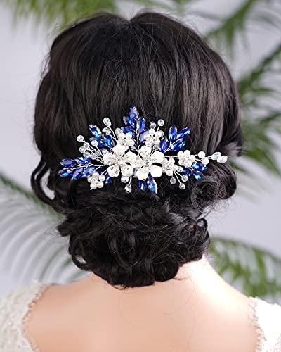 Kercisbeauty Çiçek Saç Tarak Kadınlar ve Kızlar için Düğün Gelin Kristal saç parçası (Mavi)