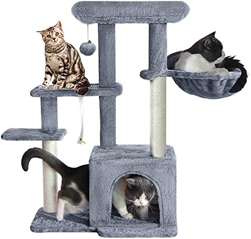 Pawstory Kedi ağacı, kapalı kediler için Sisal tırmalama direği ile Kedi Kulesi, Hamak Levrek ve Yavru Kedi oyuncakları ile