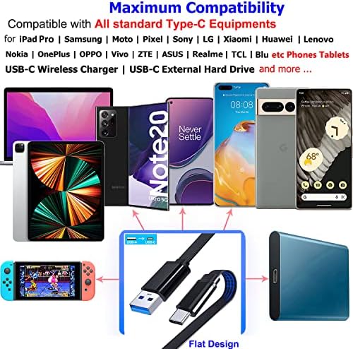 USB-C ila USB-A 3.0 Kablosu, 3FT Düz Tip C Hızlı Şarj Kablosu Nintendo Anahtarı ile uyumlu / PS5 DualSense Denetleyici /
