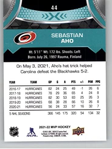 2021-22 Üst Güverte MVP 44 Sebastian Aho Carolina Hurricanes NHL Hokey Ticaret Kartı