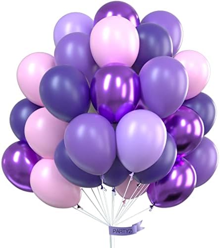 PartyZi Mor Balonlar, 70 adet 12 inç Doğum Günü Balonları, Açık Mor Balonlar, Metalik Mor Balonlar, Mor Parti Süslemeleri,
