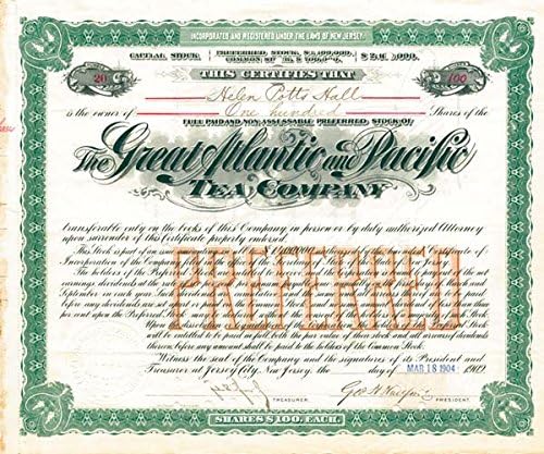 Büyük Atlantik ve Pasifik Çay A. Ş. George H. Hartford tarafından imzalandı - Stok Sertifikası