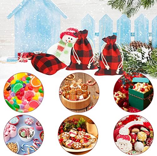 LOKİPA 24 ADET Noel Buffalo Ekose İpli Çanta, Küçük Noel İpli Çanta Kırmızı ve Siyah Buffalo Ekose Tasarım Noel Mini hediye