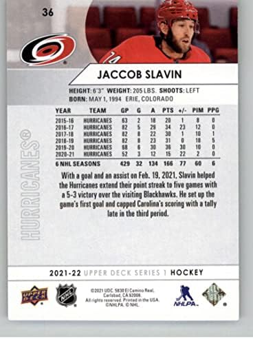 2021-22 Üst Güverte 36 Jaccob Slavin Carolina Hurricanes Serisi 1 NHL Hokey Temel Ticaret Kartı