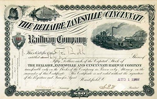 Bellaire, Zanesville ve Cincinnati Demiryolu-Stok Sertifikası