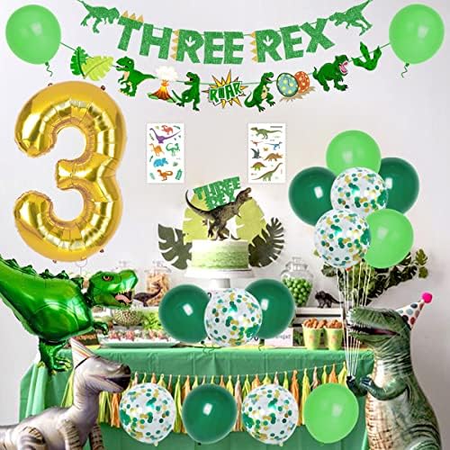 Dinozor 3. Doğum Günü Süsleri, 3 Rex Doğum Günü Partisi Malzemeleri-Üç Rex Afiş, Kek ve Cupcake Toppers, Dinozor Balonları,