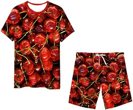 keusyoı Yaz Komik 3D Meyve Kiraz Baskı T-Shirt Şort İki Parçalı Set erkek Kısa Kollu Eşofman