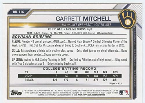 2021 Bowman Taslak BD - 116 Garrett Mitchell RC Çaylak Milwaukee Brewers MLB Beyzbol Ticaret Kartı