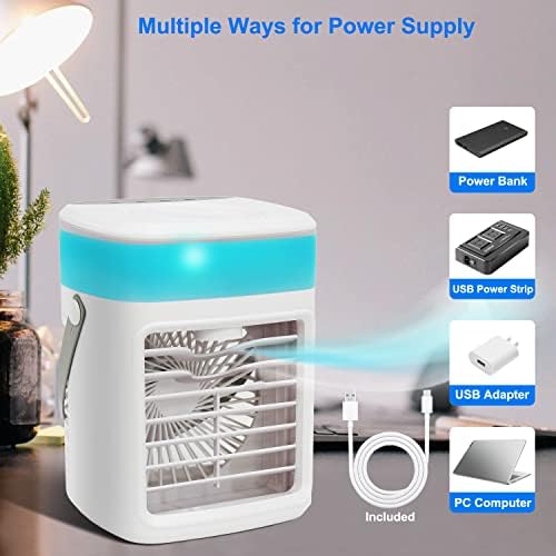 Houselyla Taşınabilir Klima Fanı, Soğutma masası fanı Nemlendirici ile 3-hız, Şarj Edilebilir Protable Fan 7 Renkler ve Misting
