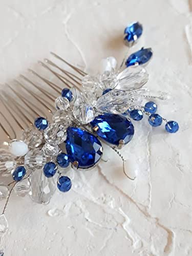 Latious Kristal Gelin Düğün Saç Tarak Gümüş Rhinestone Gelin saç tokası saç parçası Mavi Mücevher saç aksesuarları Kadınlar